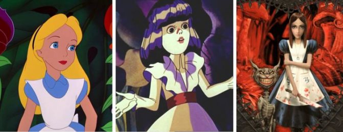Алиса из м-ф Диснея 1951 г., советского м-ф 1981 г. и компьютерной игры «American McGee’s Alice»