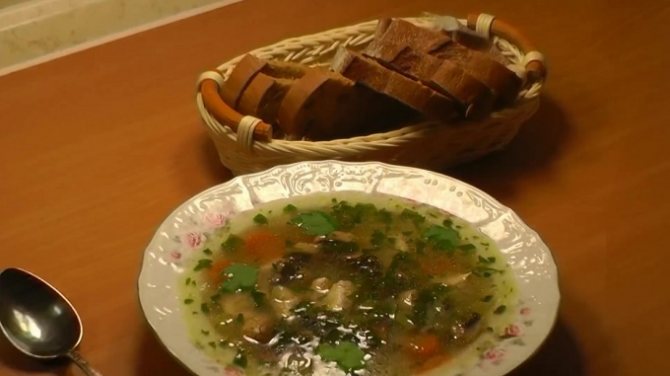 Готовый грибной суп на курином бульоне