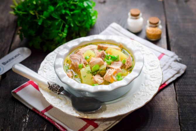 порция ухи с горбушей и овощами