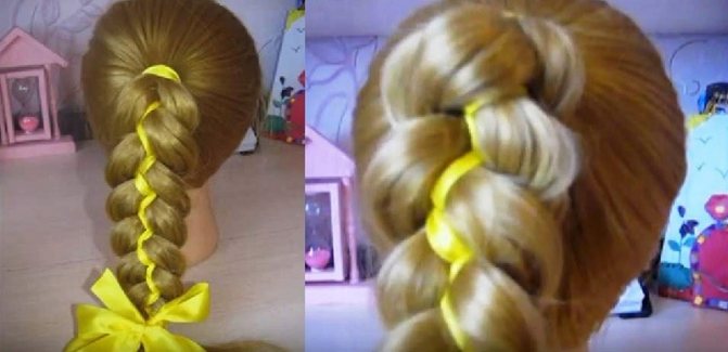 Пятипрядная коса с двумя лентами