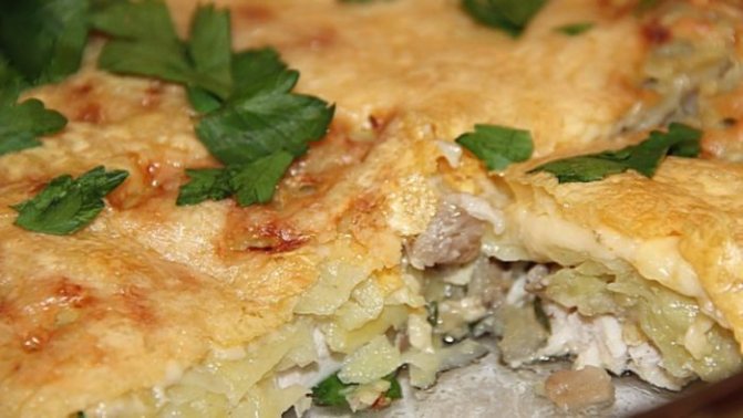 Запеканка с картофелем, курицей и шампиньонами